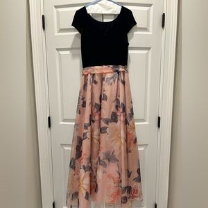 Ignite evening gown with cap sleeve stretch top